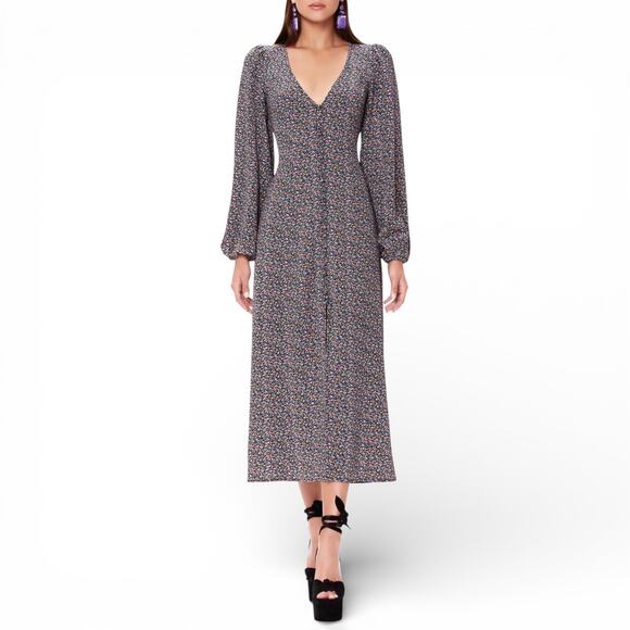 AFRM Dresses & Skirts - AFRM Button Front Puff Sleeve Floral Maxi Dress Size M Black Micro Floral Multi